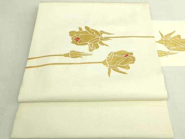 平和屋本店●極上　京都老舗銘店・に志田　塩瀬　九寸名古屋帯　刺繍　金バラ　薔薇　生成り色地　金彩　たとう紙付き　逸品　DZAB7321kh6