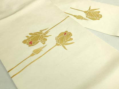 平和屋本店●極上　京都老舗銘店・に志田　塩瀬　九寸名古屋帯　刺繍　金バラ　薔薇　生成り色地　金彩　たとう紙付き　逸品　DZAB7321kh6