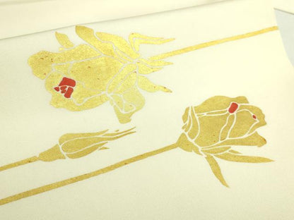 平和屋本店●極上　京都老舗銘店・に志田　塩瀬　九寸名古屋帯　刺繍　金バラ　薔薇　生成り色地　金彩　たとう紙付き　逸品　DZAB7321kh6