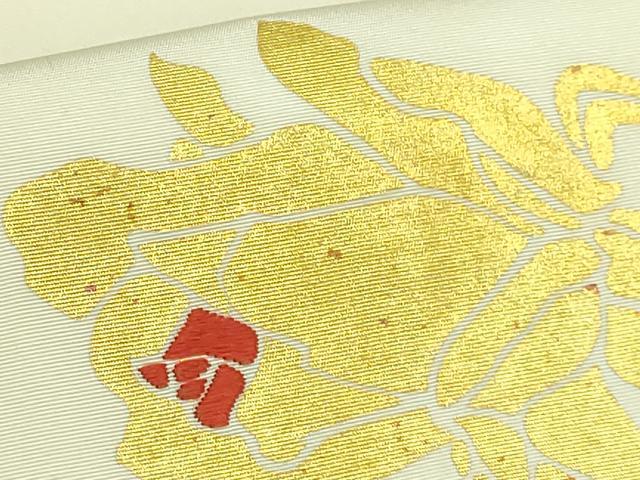 平和屋本店●極上　京都老舗銘店・に志田　塩瀬　九寸名古屋帯　刺繍　金バラ　薔薇　生成り色地　金彩　たとう紙付き　逸品　DZAB7321kh6