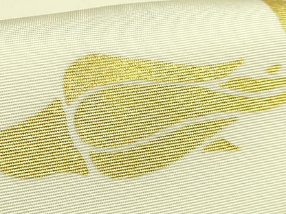 平和屋本店●極上　京都老舗銘店・に志田　塩瀬　九寸名古屋帯　刺繍　金バラ　薔薇　生成り色地　金彩　たとう紙付き　逸品　DZAB7321kh6