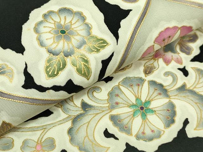 平和屋本店●極上　岡重謹製　OKAJIMA　塩瀬　九寸名古屋帯　更紗花文　黒地　金彩　逸品　DZAB7322kh6