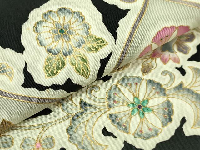 平和屋本店●極上　岡重謹製　OKAJIMA　塩瀬　九寸名古屋帯　更紗花文　黒地　金彩　逸品　DZAB7322kh6