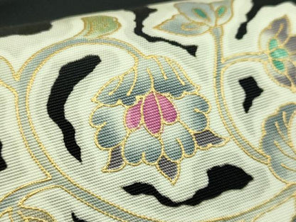 平和屋本店●極上　岡重謹製　OKAJIMA　塩瀬　九寸名古屋帯　更紗花文　黒地　金彩　逸品　DZAB7322kh6