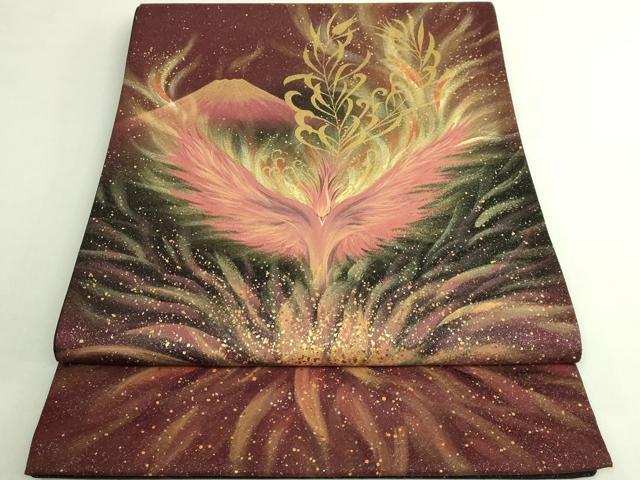 平和屋着物●極上　太鼓柄袋帯　手描き　赤富士　鳳凰　金彩　銀通し地　逸品　未使用　DZAB7324kh6