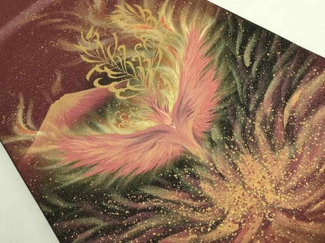 平和屋着物●極上　太鼓柄袋帯　手描き　赤富士　鳳凰　金彩　銀通し地　逸品　未使用　DZAB7324kh6