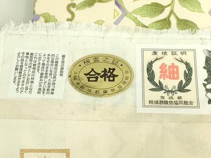 平和屋本店●極上　岡重謹製　OKAJIMA　九寸名古屋帯　結城紬　更紗花文　うすピンク色地　証紙付き　逸品　未使用　DZAB7334kh6