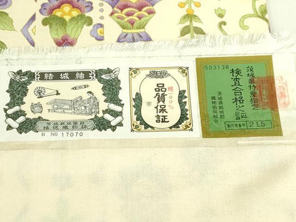 平和屋本店●極上　岡重謹製　OKAJIMA　九寸名古屋帯　結城紬　更紗花文　うすピンク色地　証紙付き　逸品　未使用　DZAB7334kh6