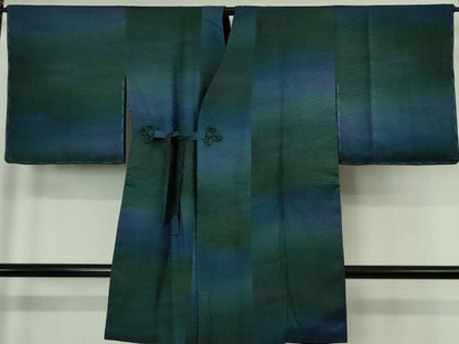 平和屋着物∞極上　道中着　ロング丈　リバーシブル　暈し染め×青緑色　黒地　逸品　未使用　DZAB7354kh6