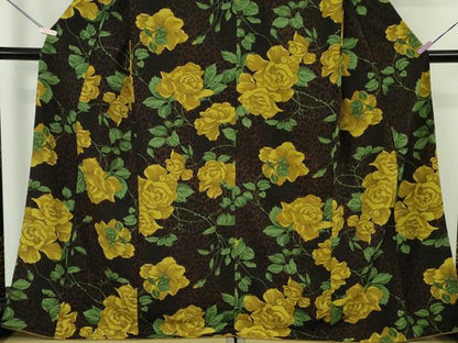 平和屋着物●極上　撫松庵　小紋　袷　薔薇　豹柄　黒地　洗える着物　逸品　DZAB7359kh6