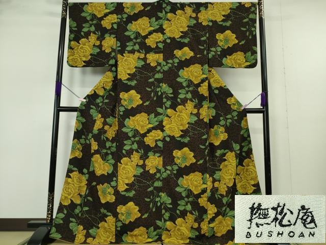 平和屋着物●極上　撫松庵　小紋　袷　薔薇　豹柄　黒地　洗える着物　逸品　DZAB7359kh6