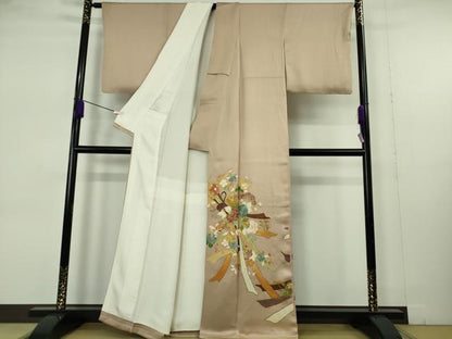 平和屋本店●極上　野口彦太郎　大彦三代目　江戸染繍友禅　色留袖　駒刺繍　束ね熨斗花文　白茶色地　金糸　逸品　DZAB7361kh6