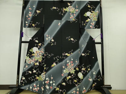 平和屋本店●極上　訪問着　作家物　菊唐草文　暈し染め　黒地　金彩　逸品　DZAB7370kh6