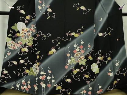 平和屋本店●極上　訪問着　作家物　菊唐草文　暈し染め　黒地　金彩　逸品　DZAB7370kh6