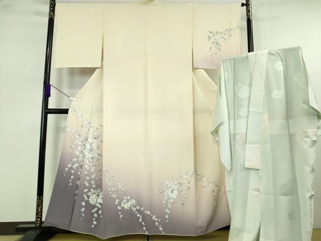 平和屋本店●極上　訪問着・長襦袢(無双仕立て)セット　総刺繍　枝垂れ花　鳥の子色地　暈し染め　逸品　未使用　DZAB7372kh6