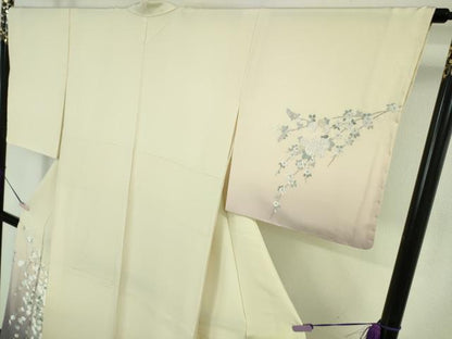 平和屋本店●極上　訪問着・長襦袢(無双仕立て)セット　総刺繍　枝垂れ花　鳥の子色地　暈し染め　逸品　未使用　DZAB7372kh6