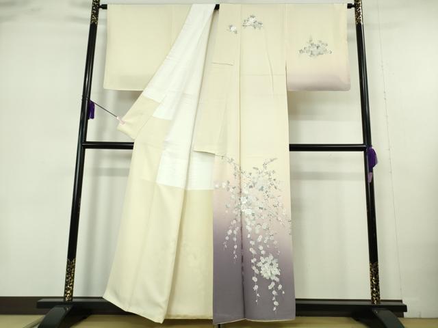 平和屋本店●極上　訪問着・長襦袢(無双仕立て)セット　総刺繍　枝垂れ花　鳥の子色地　暈し染め　逸品　未使用　DZAB7372kh6
