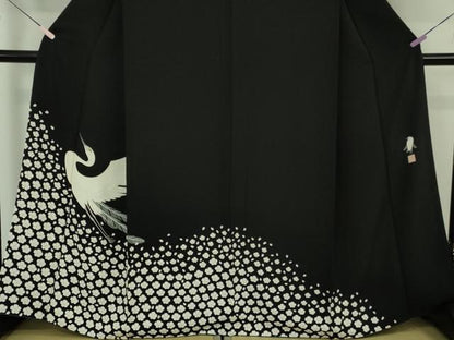 平和屋本店●極上　東京友禅　菅有鬼一　訪問着　白鷺　舞花　黒地　金彩　逸品　DZAB7374kh6