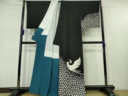 平和屋本店●極上　東京友禅　菅有鬼一　訪問着　白鷺　舞花　黒地　金彩　逸品　DZAB7374kh6