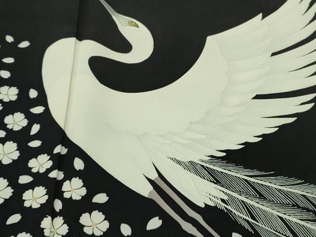 平和屋本店●極上　東京友禅　菅有鬼一　訪問着　白鷺　舞花　黒地　金彩　逸品　DZAB7374kh6