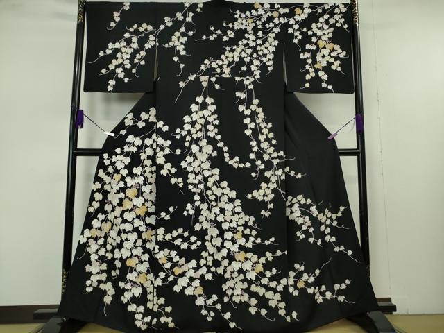 平和屋本店●極上　訪問着　作家物　駒刺繍　蔦の葉文　黒地　金彩　染の近江謹製　逸品　DZAB7376kh6