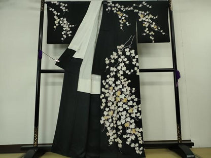 平和屋本店●極上　訪問着　作家物　駒刺繍　蔦の葉文　黒地　金彩　染の近江謹製　逸品　DZAB7376kh6