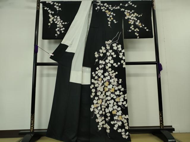 平和屋本店●極上　訪問着　作家物　駒刺繍　蔦の葉文　黒地　金彩　染の近江謹製　逸品　DZAB7376kh6