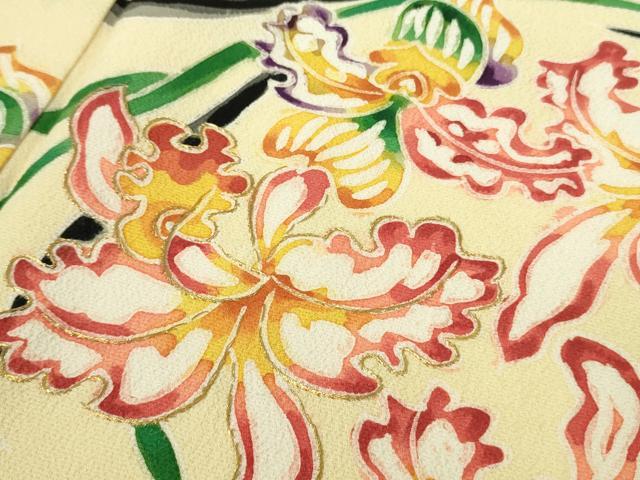 平和屋本店●超希少　染彩芸術の巨匠　皆川月華　ろうけつ染　小紋　刺繍　花唐草文　砥粉色地　金糸　逸品　DZAB7377kh6