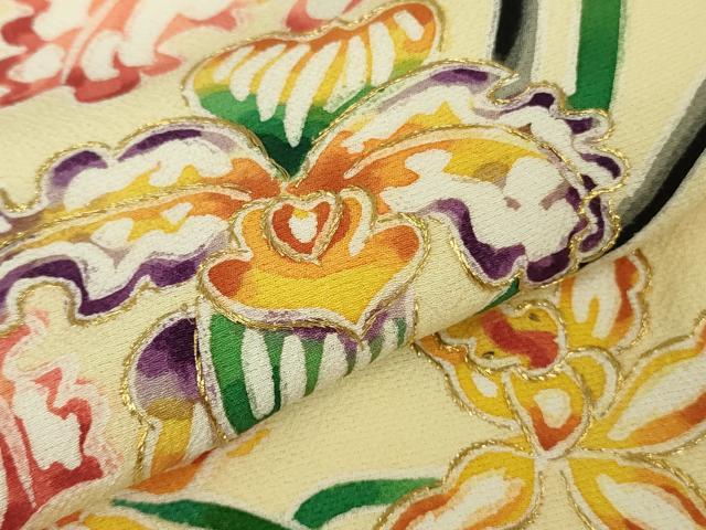 平和屋本店●超希少　染彩芸術の巨匠　皆川月華　ろうけつ染　小紋　刺繍　花唐草文　砥粉色地　金糸　逸品　DZAB7377kh6