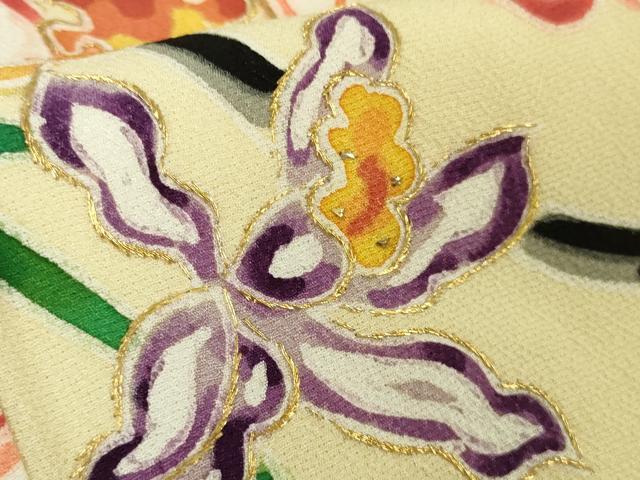 平和屋本店●超希少　染彩芸術の巨匠　皆川月華　ろうけつ染　小紋　刺繍　花唐草文　砥粉色地　金糸　逸品　DZAB7377kh6