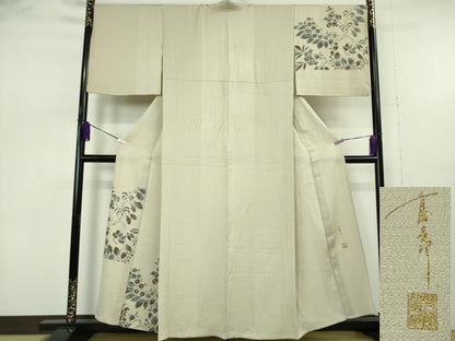 平和屋本店▽極上　キモノデザイナー　斉藤上太郎　訪問着　単衣　花唐草文　練色地　逸品　DZAB7381kh6
