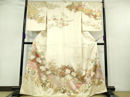 平和屋本店●極上　訪問着　駒刺繍　雪輪雲取り吉祥花文　鳥の子色地　金彩　逸品　DZAB7383kh6