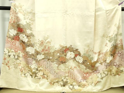 平和屋本店●極上　訪問着　駒刺繍　雪輪雲取り吉祥花文　鳥の子色地　金彩　逸品　DZAB7383kh6