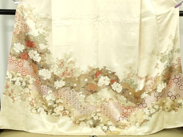 平和屋本店●極上　訪問着　駒刺繍　雪輪雲取り吉祥花文　鳥の子色地　金彩　逸品　DZAB7383kh6
