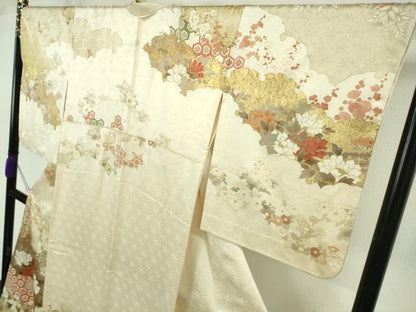 平和屋本店●極上　訪問着　駒刺繍　雪輪雲取り吉祥花文　鳥の子色地　金彩　逸品　DZAB7383kh6