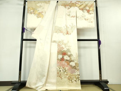 平和屋本店●極上　訪問着　駒刺繍　雪輪雲取り吉祥花文　鳥の子色地　金彩　逸品　DZAB7383kh6