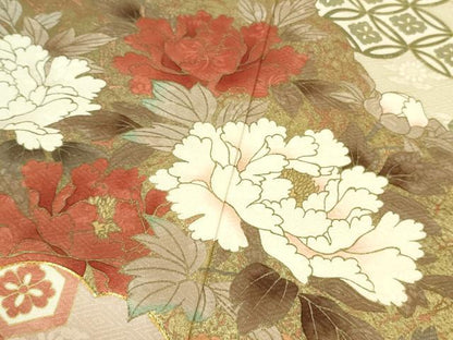 平和屋本店●極上　訪問着　駒刺繍　雪輪雲取り吉祥花文　鳥の子色地　金彩　逸品　DZAB7383kh6