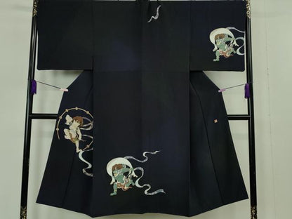 平和屋本店●極上　男性　訪問着　キングサイズ　作家物　風神雷神　黒地　逸品　DZAB7393kh6