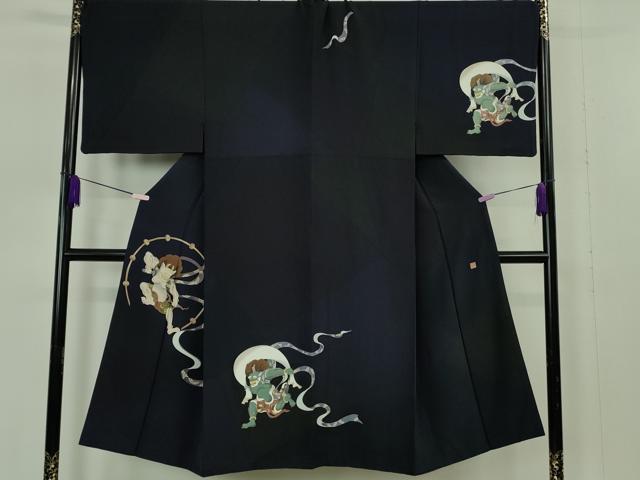 平和屋本店●極上　男性　訪問着　キングサイズ　作家物　風神雷神　黒地　逸品　DZAB7393kh6