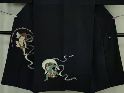 平和屋本店●極上　男性　訪問着　キングサイズ　作家物　風神雷神　黒地　逸品　DZAB7393kh6