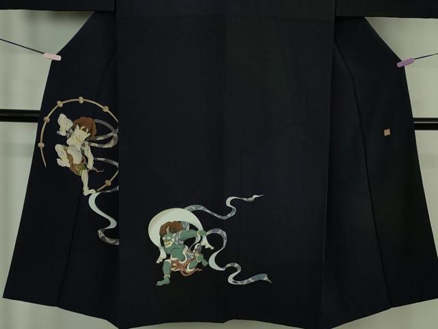 平和屋本店●極上　男性　訪問着　キングサイズ　作家物　風神雷神　黒地　逸品　DZAB7393kh6