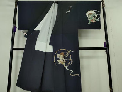 平和屋本店●極上　男性　訪問着　キングサイズ　作家物　風神雷神　黒地　逸品　DZAB7393kh6