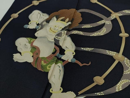 平和屋本店●極上　男性　訪問着　キングサイズ　作家物　風神雷神　黒地　逸品　DZAB7393kh6