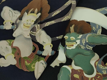 平和屋本店●極上　男性　訪問着　キングサイズ　作家物　風神雷神　黒地　逸品　DZAB7393kh6