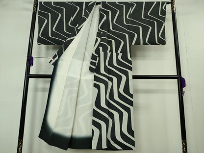 平和屋本店●極上　男性　訪問着　作家物　幾何学文様　縮緬地　黒地　逸品　DZAB7394kh6
