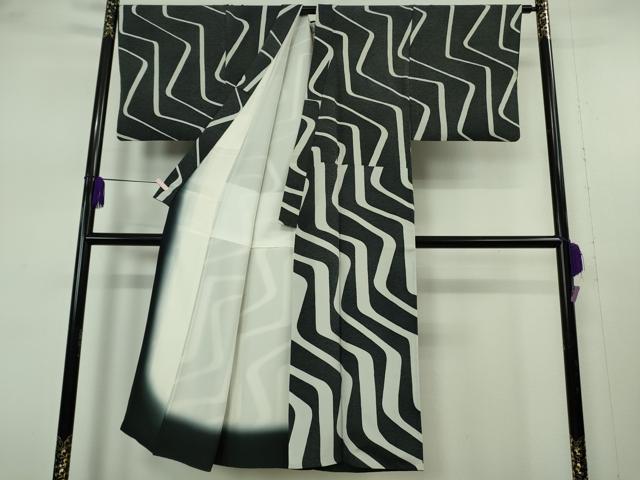 平和屋本店●極上　男性　訪問着　作家物　幾何学文様　縮緬地　黒地　逸品　DZAB7394kh6