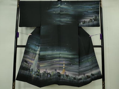 平和屋本店●極上　男性　訪問着 希少柄　スカイツリー 東京タワー 夜景　スパンコール　黒地　暈し染め　銀彩　逸品　未使用　DZAB7395kh6