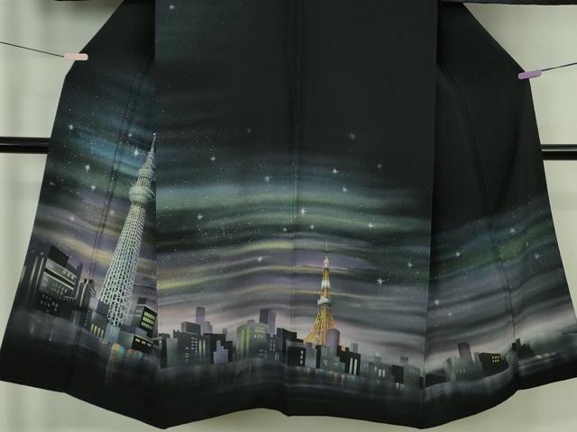 平和屋本店●極上　男性　訪問着 希少柄　スカイツリー 東京タワー 夜景　スパンコール　黒地　暈し染め　銀彩　逸品　未使用　DZAB7395kh6