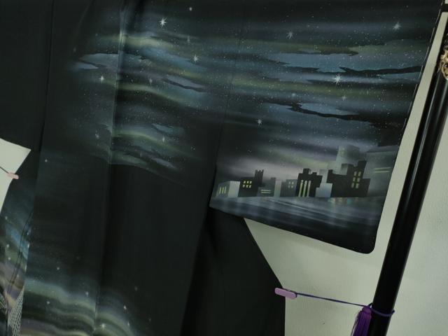 平和屋本店●極上　男性　訪問着 希少柄　スカイツリー 東京タワー 夜景　スパンコール　黒地　暈し染め　銀彩　逸品　未使用　DZAB7395kh6
