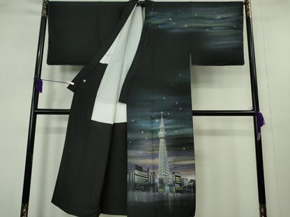 平和屋本店●極上　男性　訪問着 希少柄　スカイツリー 東京タワー 夜景　スパンコール　黒地　暈し染め　銀彩　逸品　未使用　DZAB7395kh6
